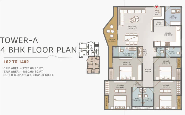 Tower-A 4 BHK floor plan 102 to 1402